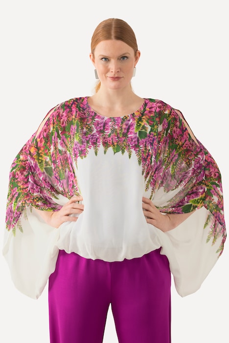 Bluse, Blüten, doppellagig, Rundhals, Halbarm