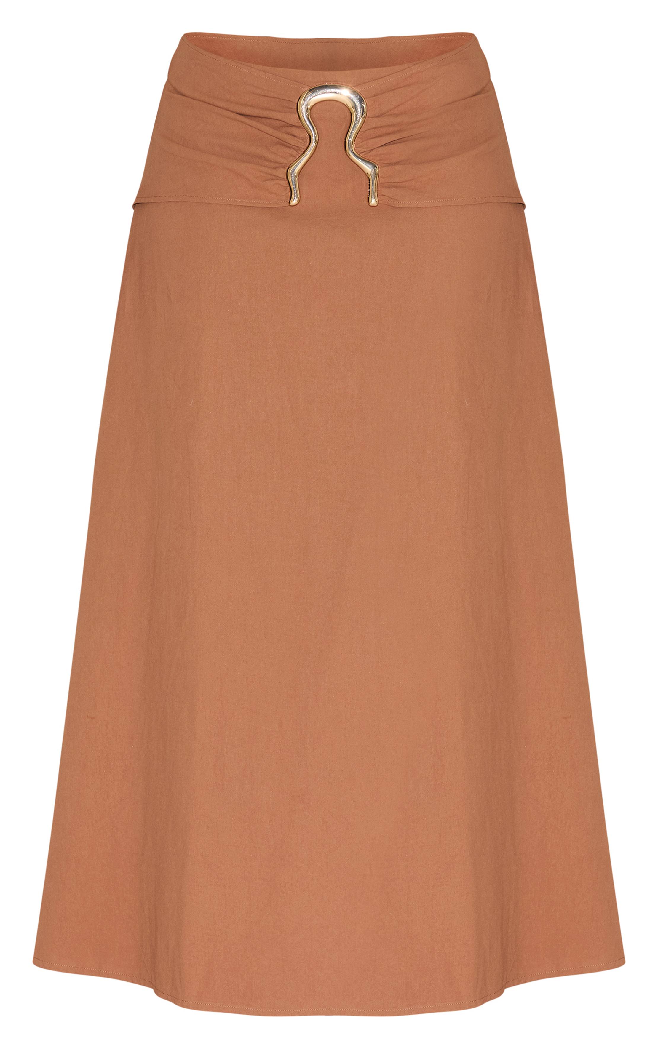Moka Jupe Longue Shape Aspect Lin Taille Pliée Bordure Ondulée Dorée