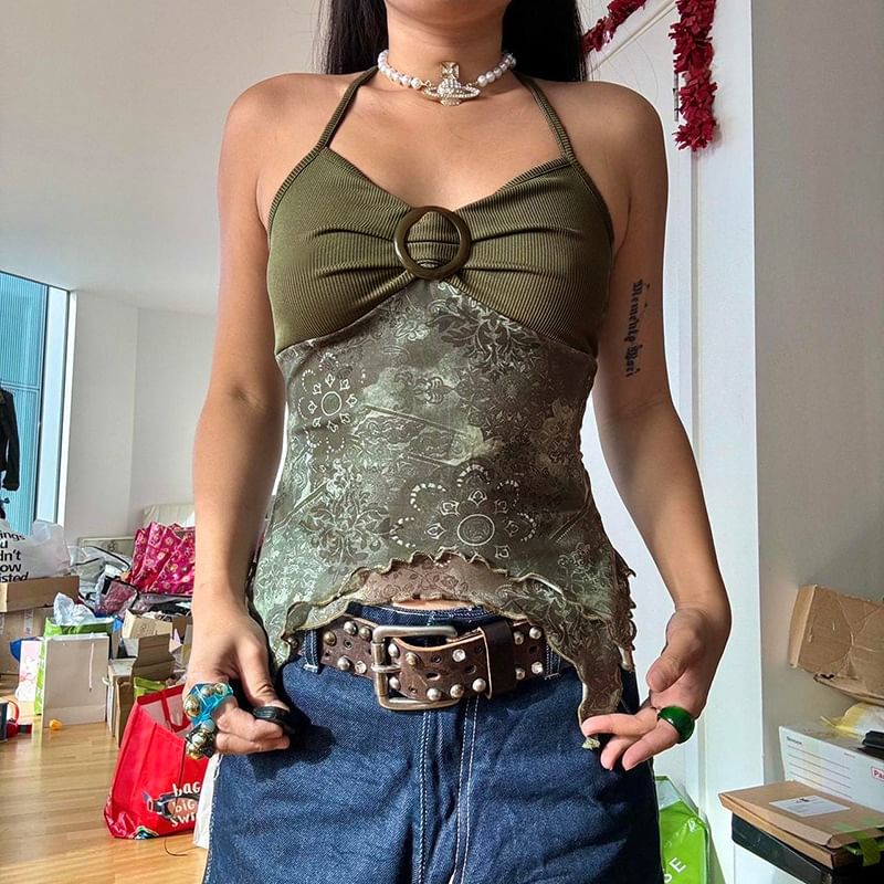 Honet - Haltertop met metalen ringpatroonprint, open rug en crop top