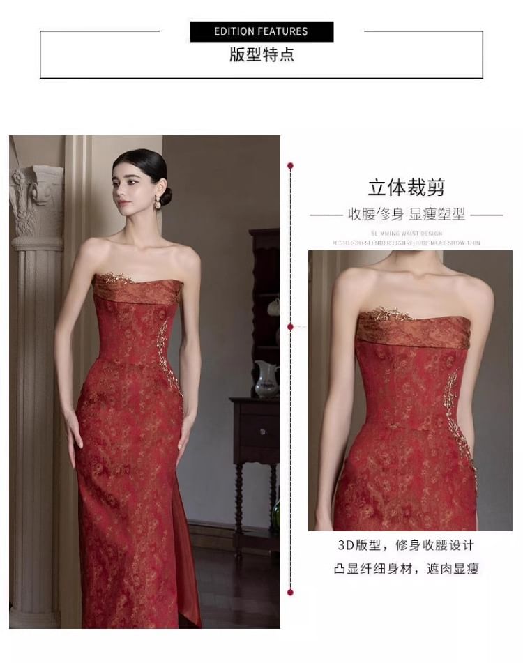 Fioridi - Strapless avondjurk met patroon en zijsplit
