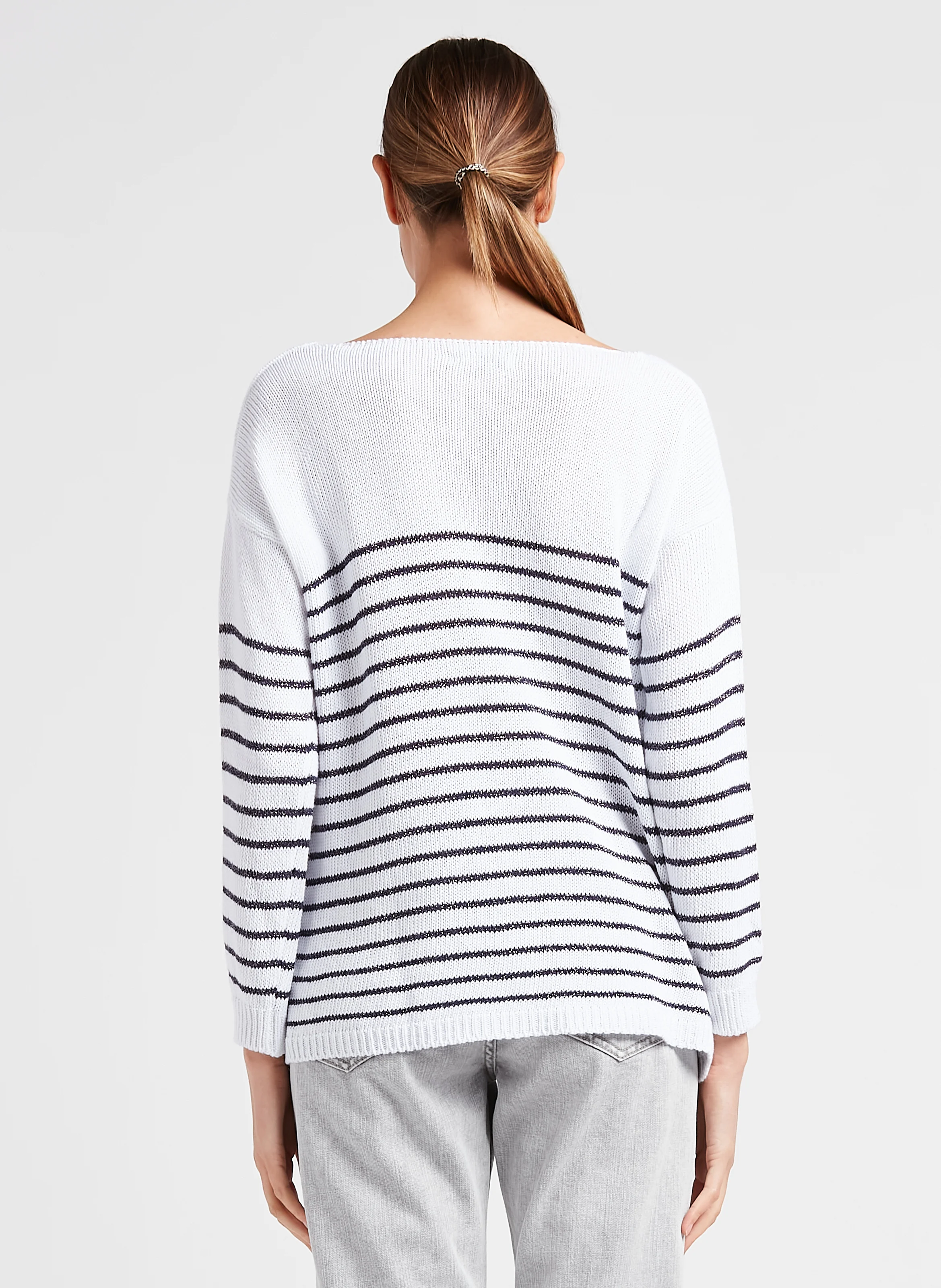 Pull col V à rayures en coton mélangé| Blanc