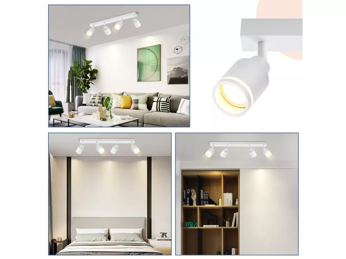 NETTLIFE Plafonnier Blanc moderne : 4 spots de plafond orientables en métal, plafonnier GU10, pour chambre, salle à manger, sans ampoule