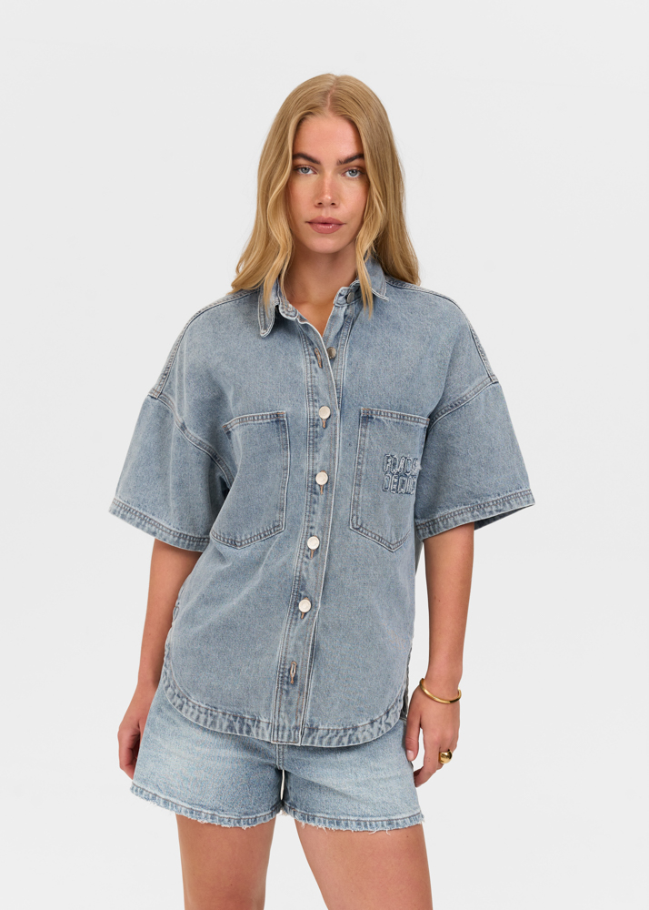 Oversized denim blouse korte mouw sea blauw