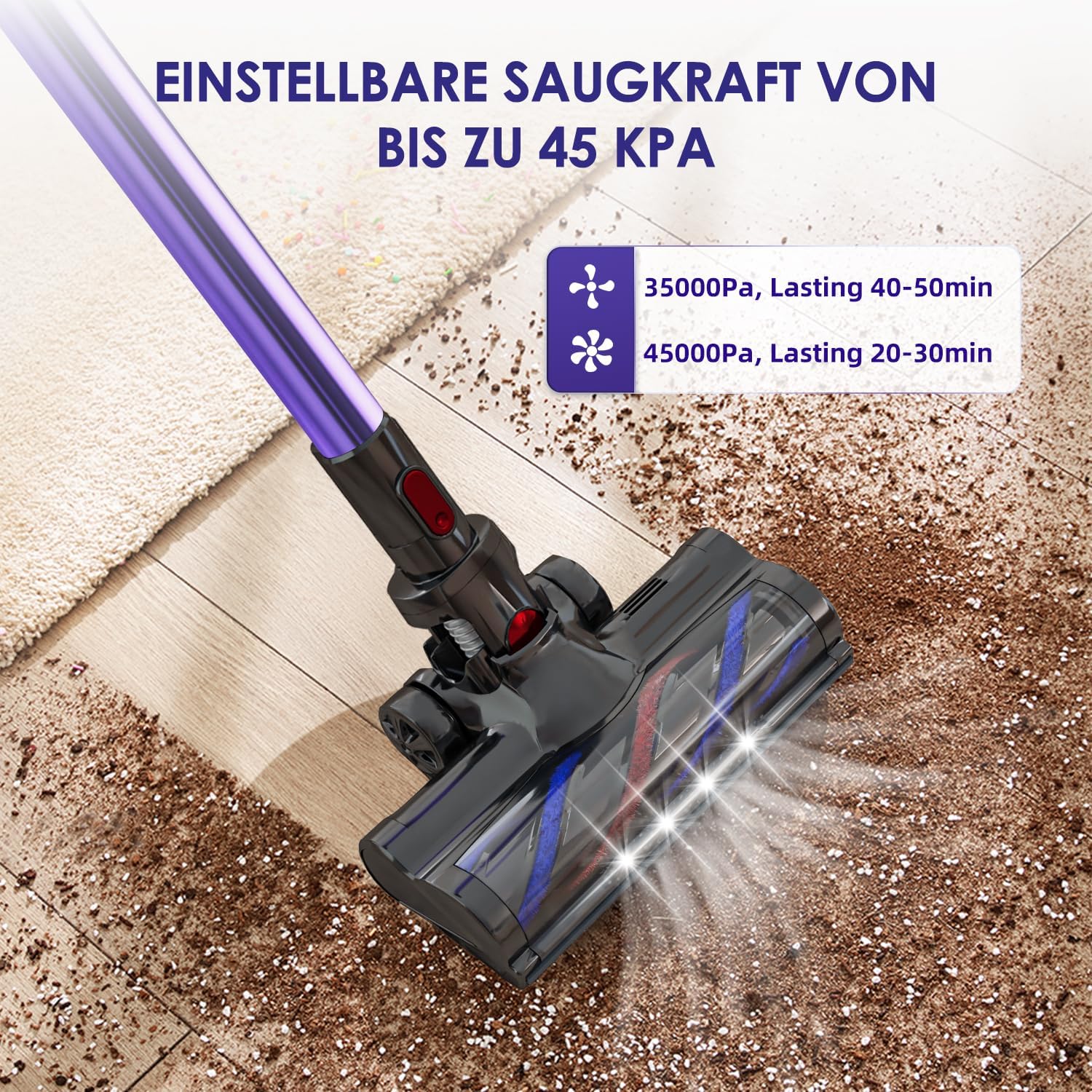 Akku Staubsauger Kabellos, 45000Pa Kabelloser Staubsauger mit Touchscreen, 50Mins, 1.6L, H13 HEPA, Anti-Tangle-Bürste, für Hartböden/Teppich/Tierhaare