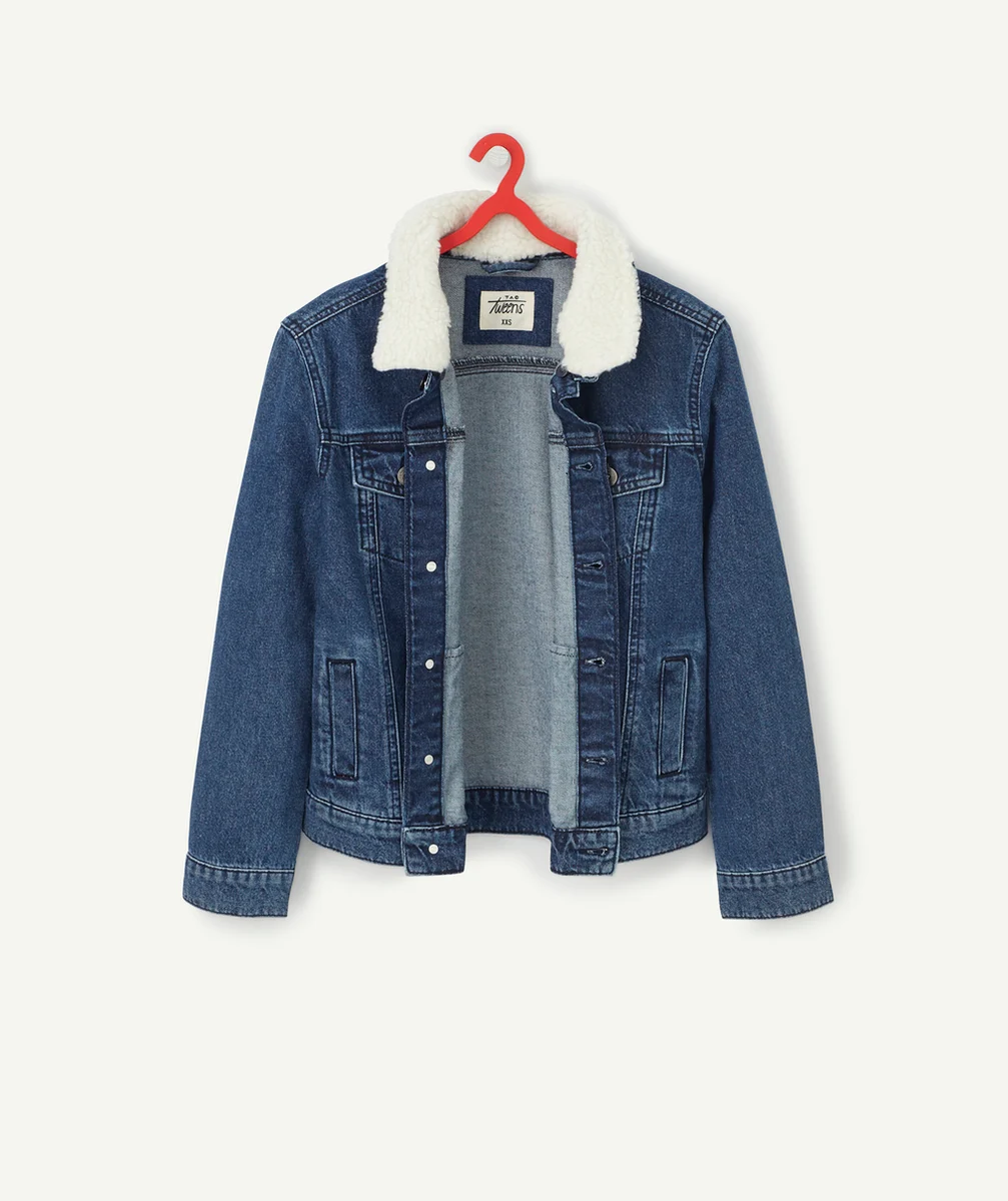 VESTE EN JEAN MIXTE AVEC COL EN BOUCLETTES AMOVIBLE