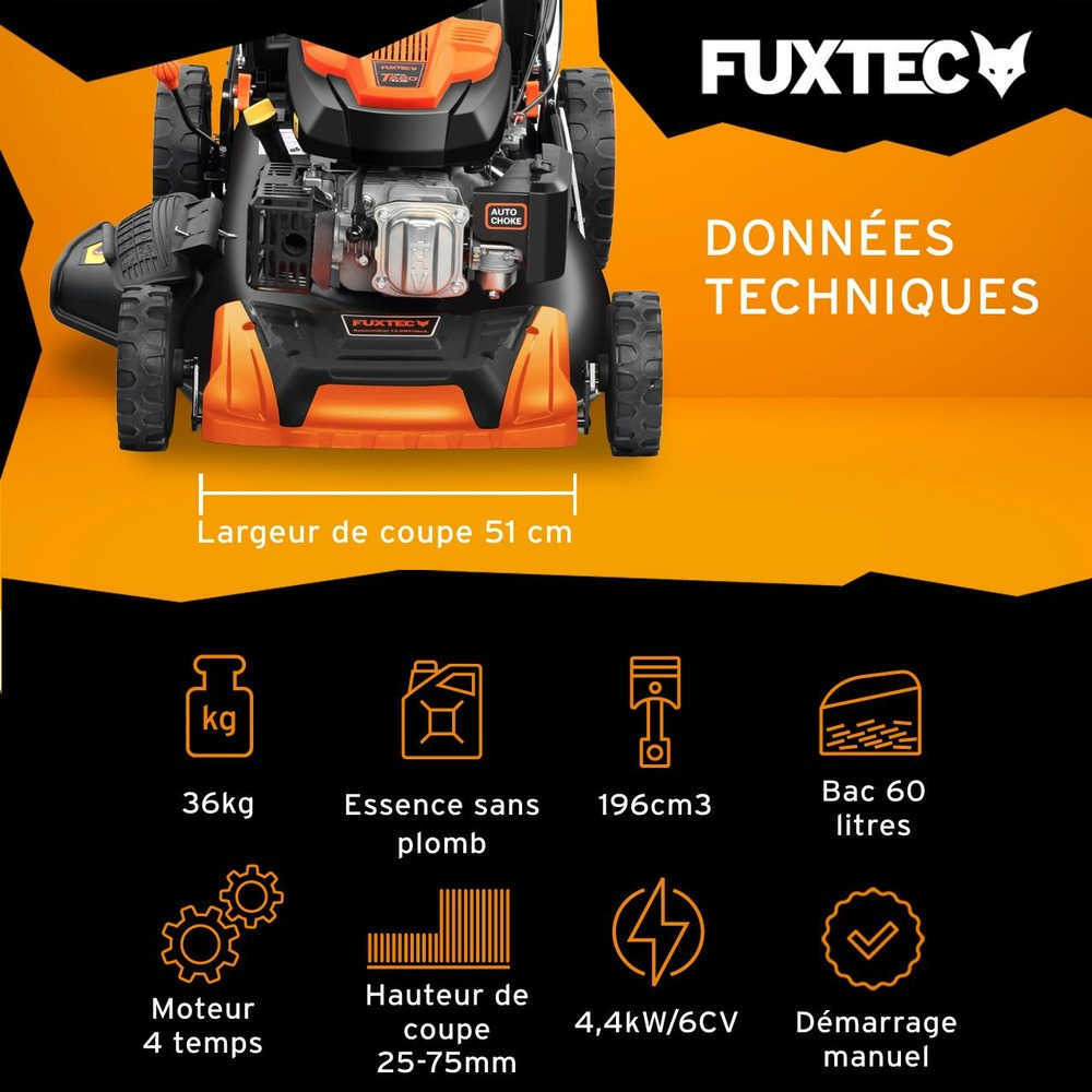 Tondeuse thermique autotractée vitesse réglable 196cm3 51cm - fx-rm5196pro - 6cv 60l