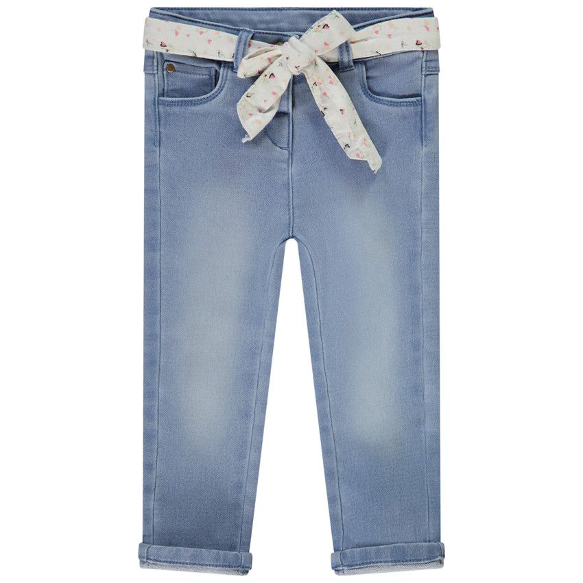 Jean droit avec ceinture à nouer imprimée pour bébé fille - Bleu