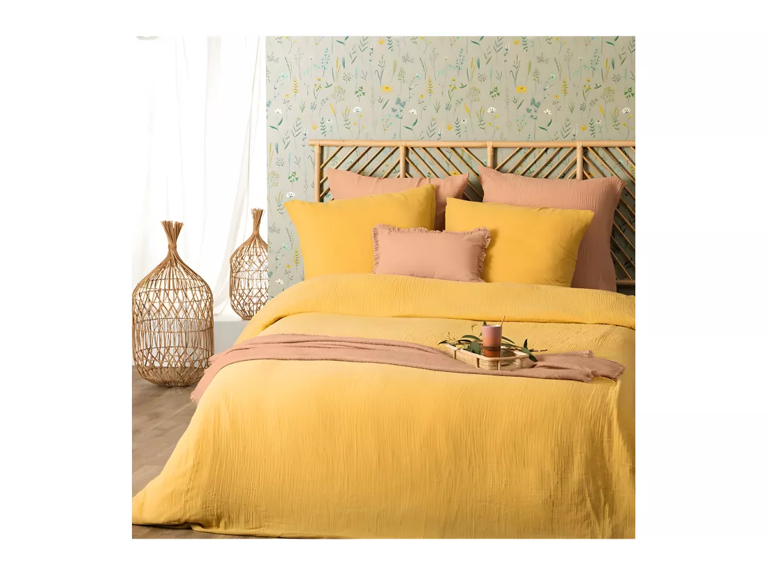 Parure de lit 2 Personnes en gaze de coton Jaune Ocre 240 x 220 cm Housse de couette avec 2 taies
