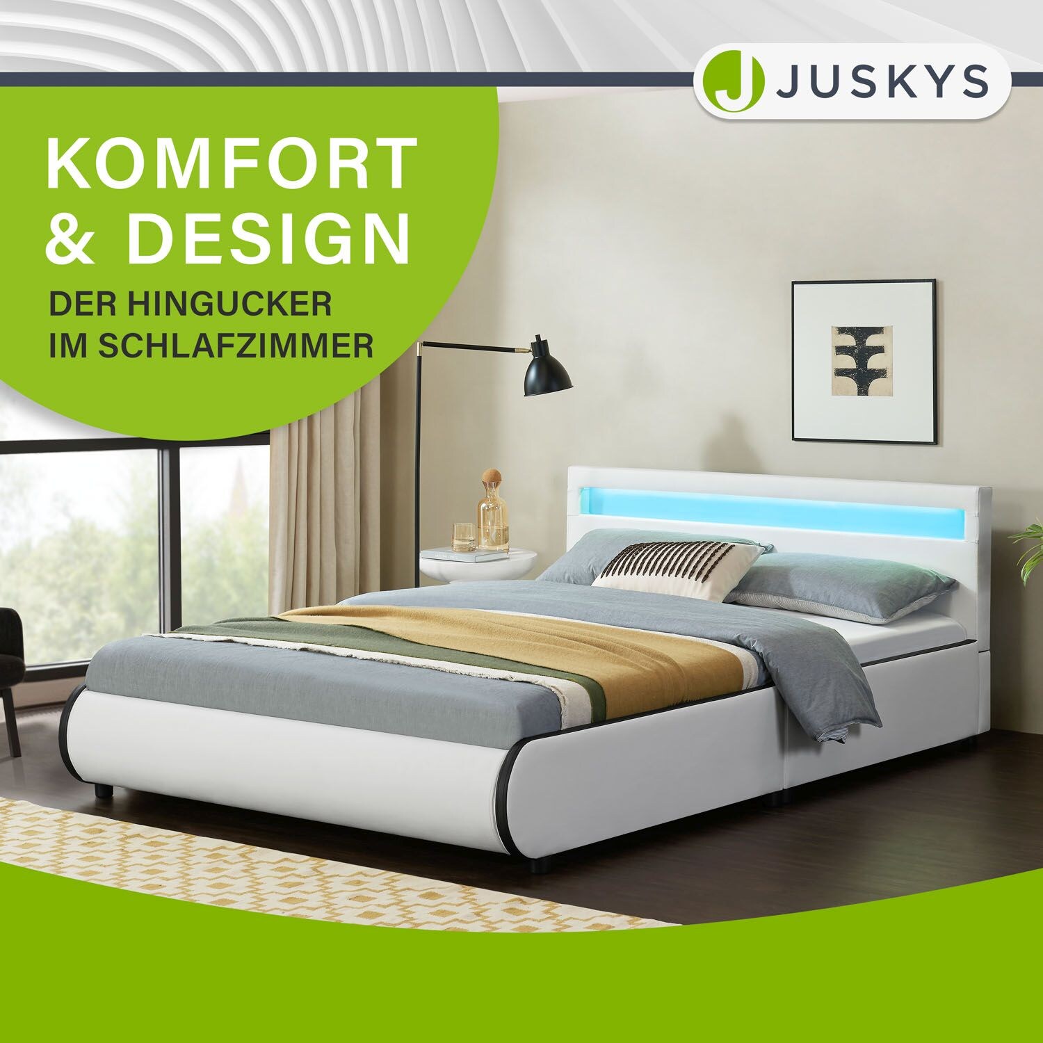 Juskys Polsterbett Sevilla 140x200 cm – Bett mit LED Beleuchtung & Lattenrost – Jugendbett weiß