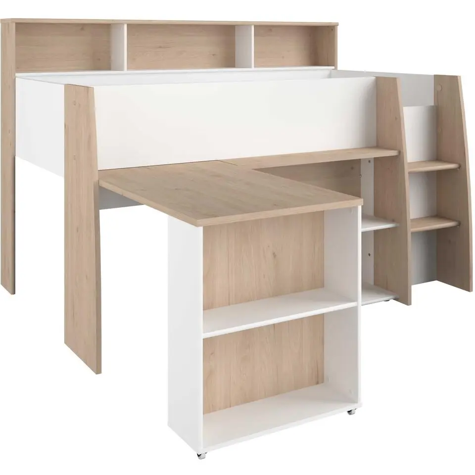 Halfhoogslaper Duffy 90x200cm met bureau - wit / eikdecor