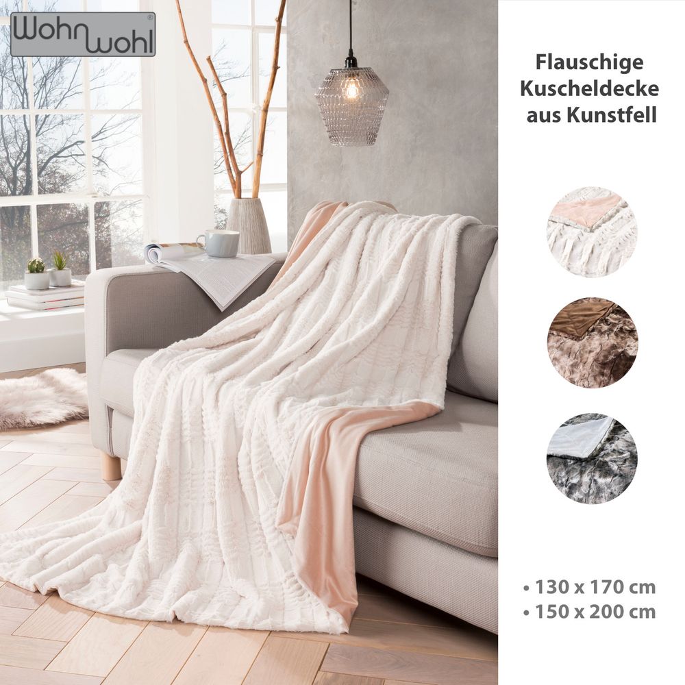 WOHNWOHL® Flauschige Kuscheldecke in Nerzfelloptik • Felloptik Wohndecke • Kunstfell Decke als Sofaüberwurf •Pelzimitatdecke • Sofadecke, Tagesdecke oder Wohnzimmerdecke • Kunstfelldecke für Bett und Sofa