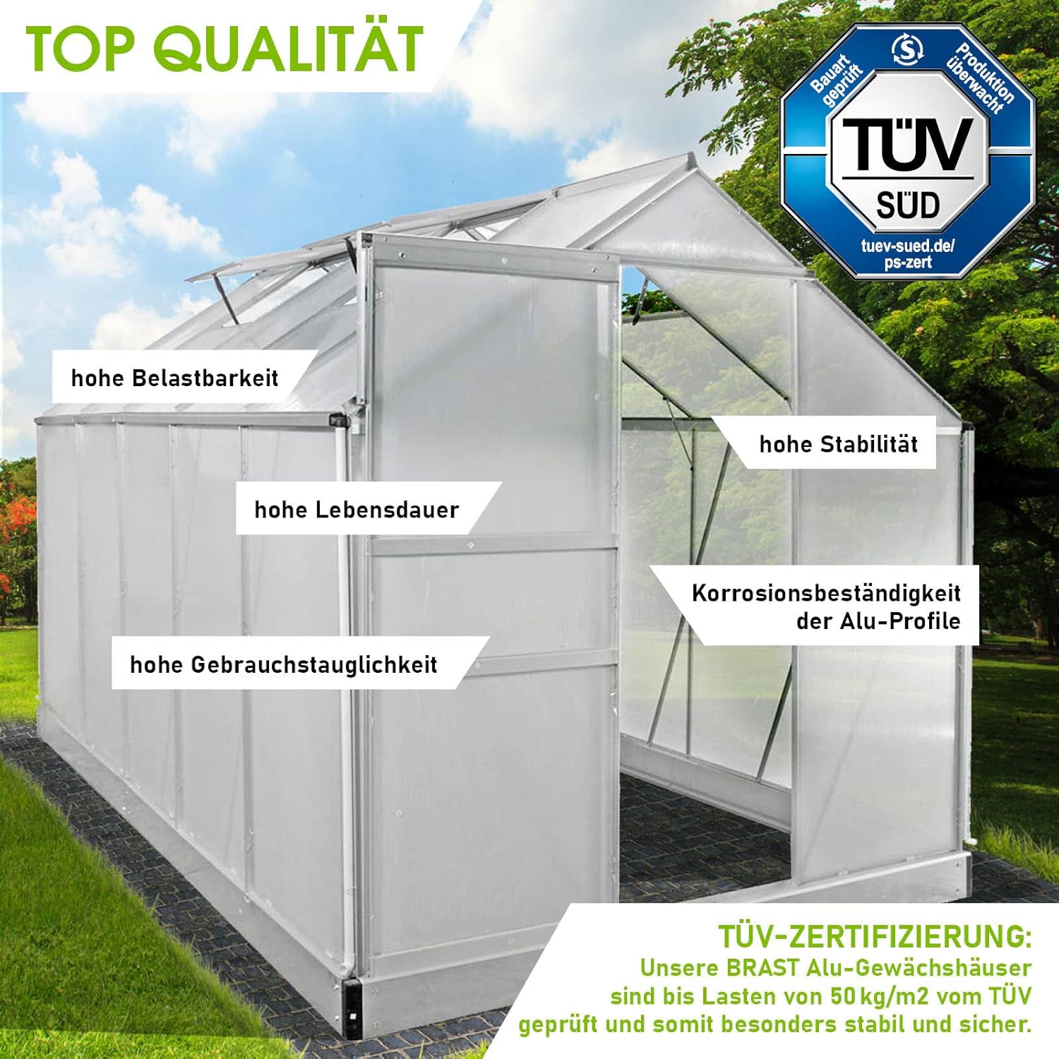 BRAST Gewächshaus Aluminium mit Fundament | 42 Modelle | 130x190x195cm - 490x250x235cm | TÜV geprüft | 6mm Hohlkammerplatten | rostfrei wetterfest temperaturbeständig | 310x190x195cm Silber