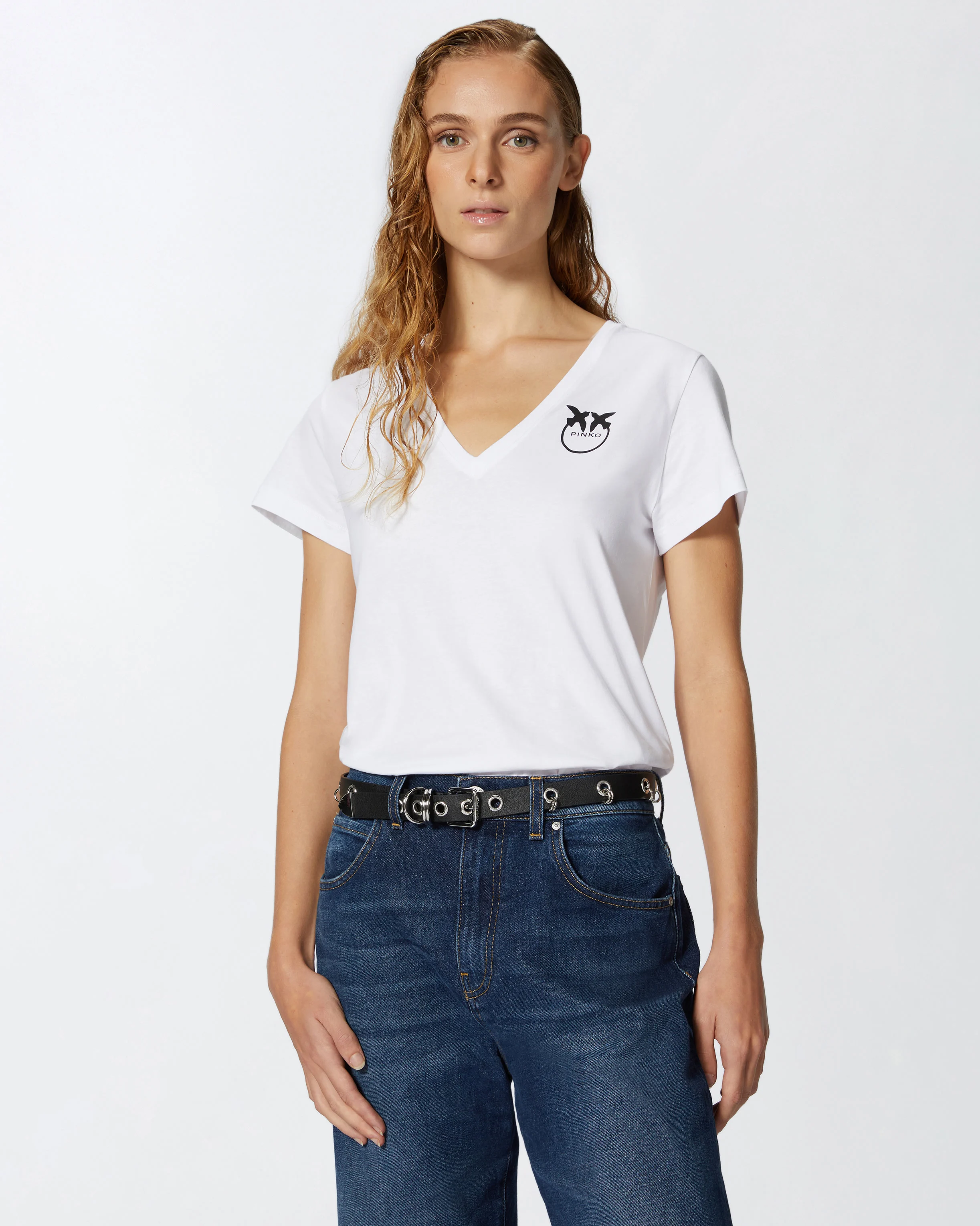 T-shirt col v à logo imprimé | Blanc