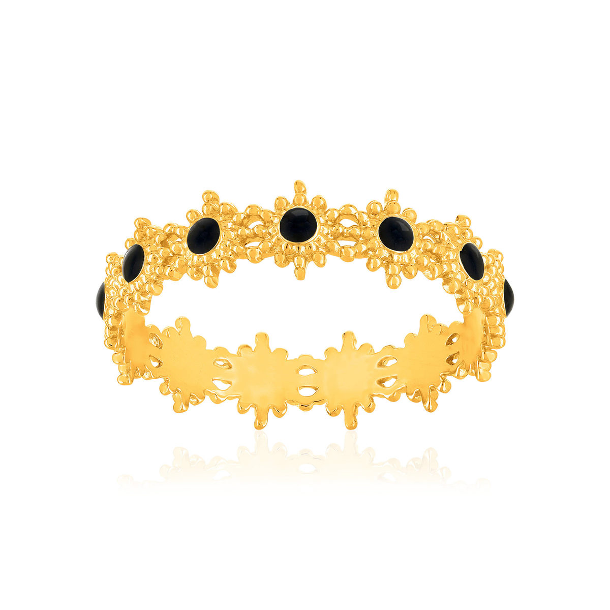 Bague plaqué or jaune perlée motif soleil et résine noire