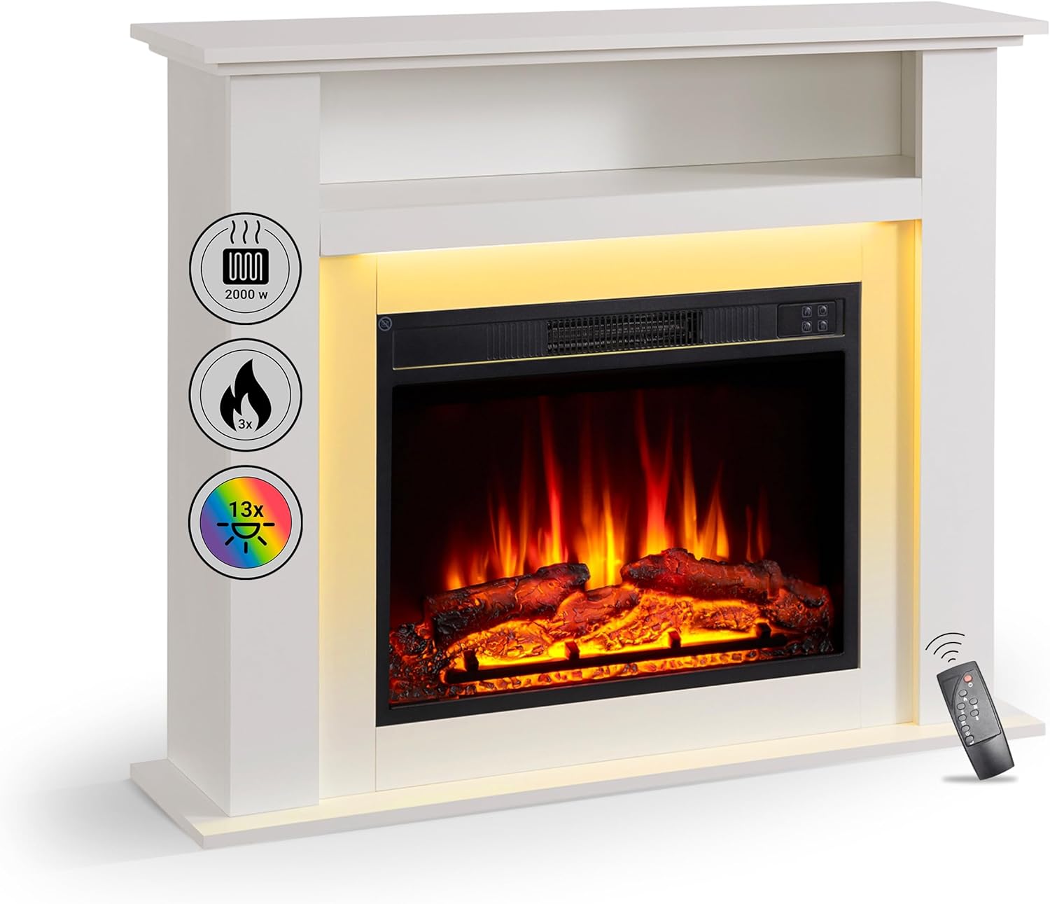 Elektrokamin BALDERIA Liora - Elektrischer Standkamin mit Ablagefach, 3D-Flammeneffekt, LED-Ambientebeleuchtung, Heizung 2000W, Timer, Thermostat, Fernbedienung - Liora Weiß