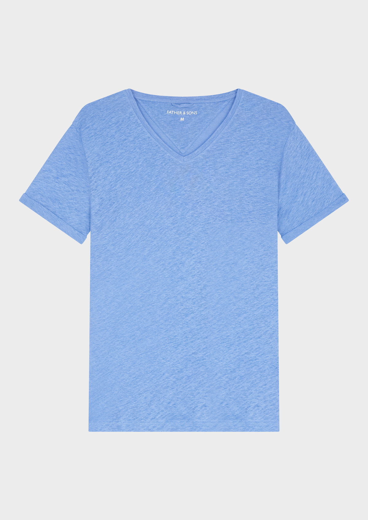Tee-shirt manches courtes en lin col V uni bleu chambray