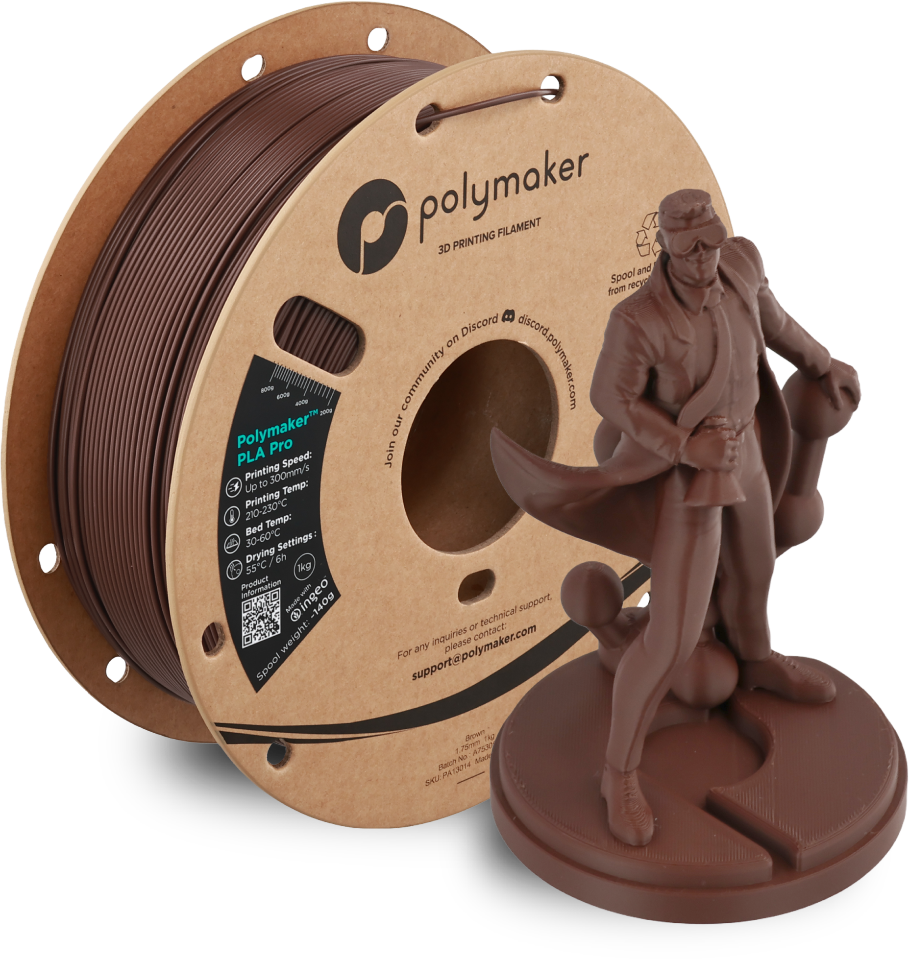 Polymaker  PLA Pro Brown, 1,75 mm / 1000 g    Neue, verbesserte Formulierung: Hochleistungs-High Speed-PLA in Brown
