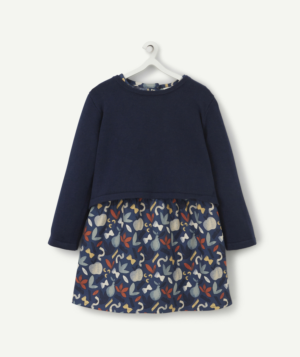 ROBE BI-MATIÈRE BÉBÉ FILLE BLEU MARINE ET IMPRIMÉE