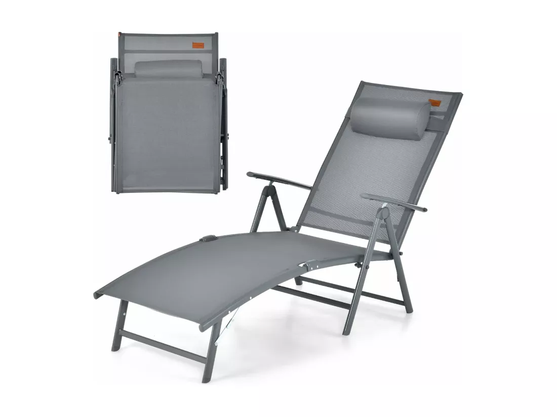 Chaise Longue Pliante, Transat Inclinable Portable avec Dossier Réglable sur 7 Positions, Bain de Soleil avec Accoudoir, Repose-Tête, Extérieur pour Piscine, Jardin, Balcon (Gris)