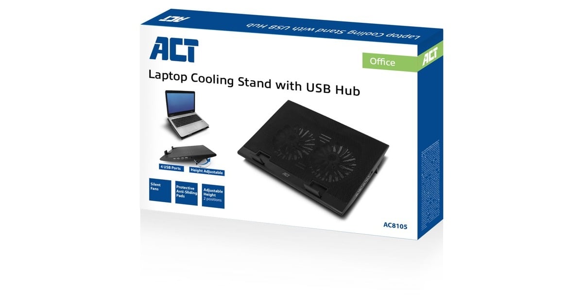 ACT ConnectivityLaptopstandaard, met ventilator, hoogte verstelbaar in 2 standen  (Zwart, 4-poorts USB 2.0 hub)