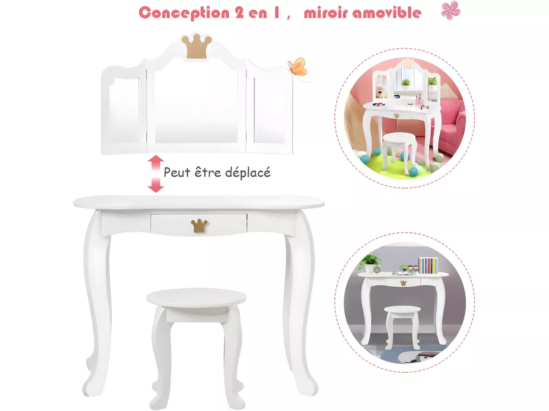 Coiffeuse pour Enfants avec Miroir à Trois Volets, Ensemble de Coiffeuse 2-en-1 avec Dessus Amovible, Tabouret Inclus, Jeu de Simulation de Beauté pour Filles (Blanc)