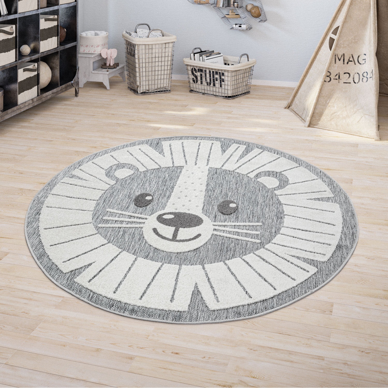 Paco Home Kinderteppich »Tweet 464« rund 12 mm Höhe Flachgewebe, Hoch-Tief-Effekt, Motiv Löwe, In- und Outdoor geeignet