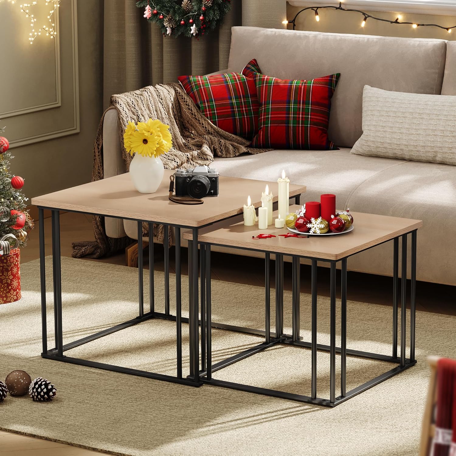 YITAHOME Couchtisch 2er Set, Wohnzimmertisch Holz mit Metallrahmen, Modern Bauernhaus Cocktail für Wohnzimmer Esszimmer Küche
