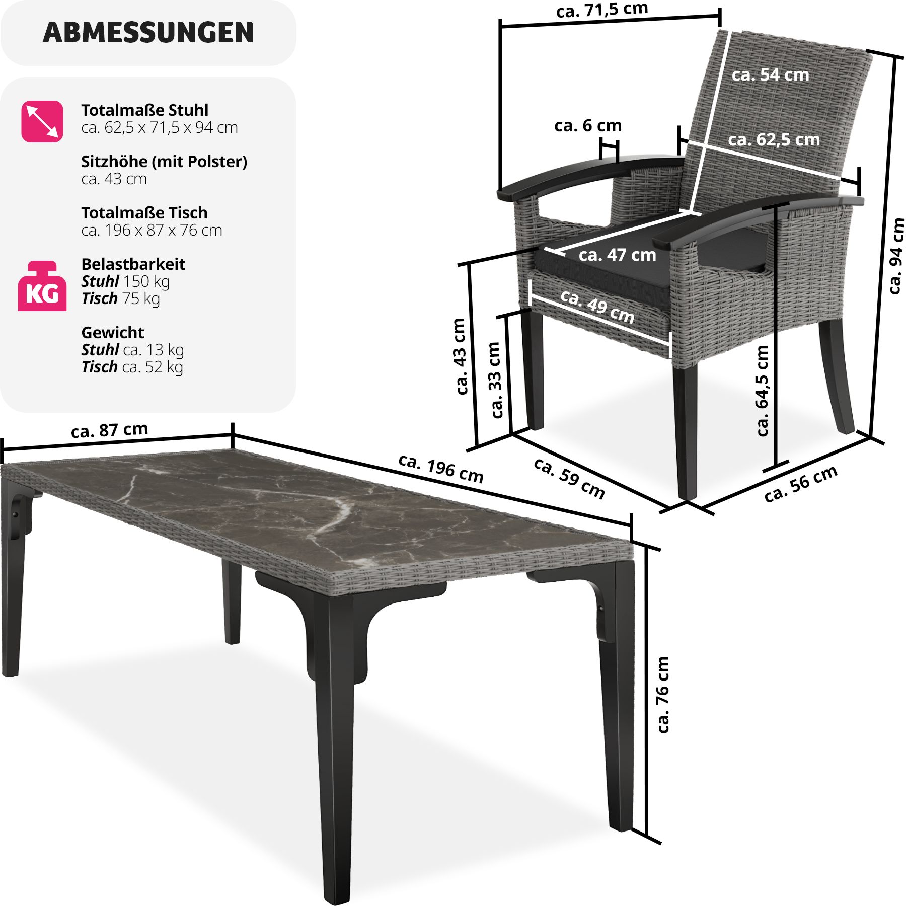 tectake® Rattan Tisch Foggia mit 8 Stühlen Rosarno, mit stabilen Holzgestellen, wetterfest und UV-beständig, Armlehnen und Beine aus Holz