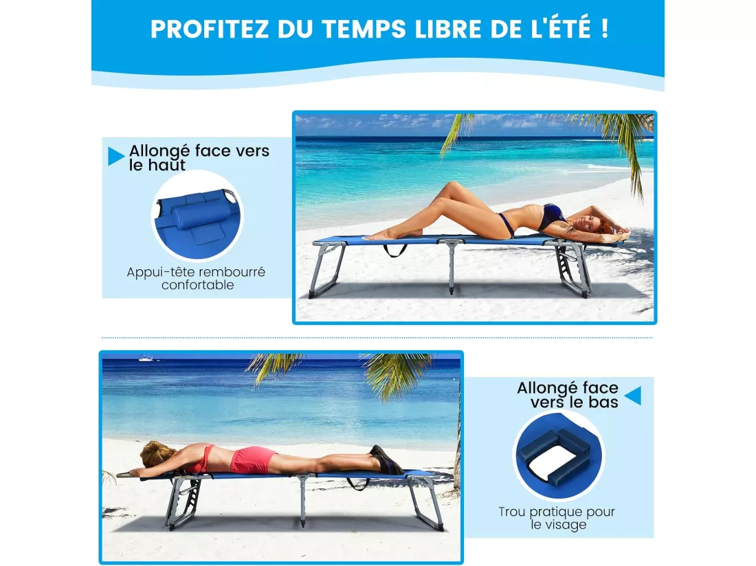 Chaise Longue Pliante Réglable à 5 Positions avec Appuie-tête Cavité Faciale, Bain de Soleil en Tissu et velours Oxford Charge 150KG, pour Piscine Plage Cour CamBoisg, Bleu