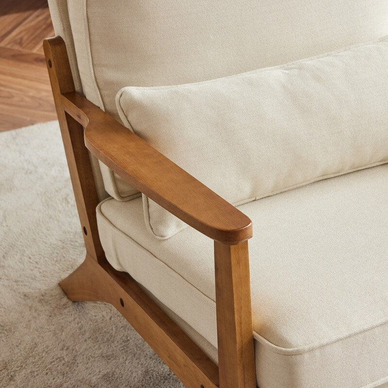 Upholstered Linen Blend Accent Chair with Wooden Legs and One Pillow Beige