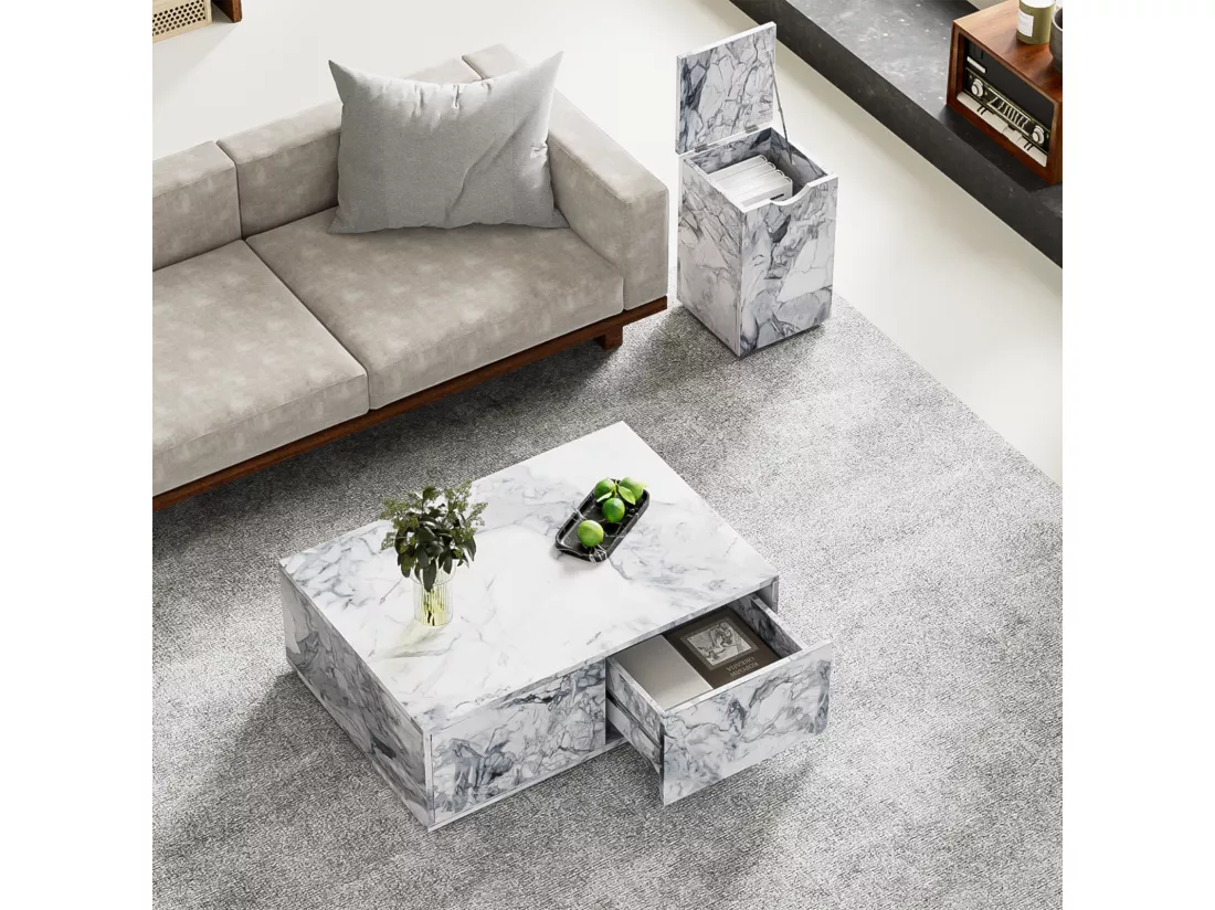 Lot de 2 table basse avec rangement, aspect en marbre en MDF, table d'appoint de canapé et balcon, Blanc, 100x70x33.5cm