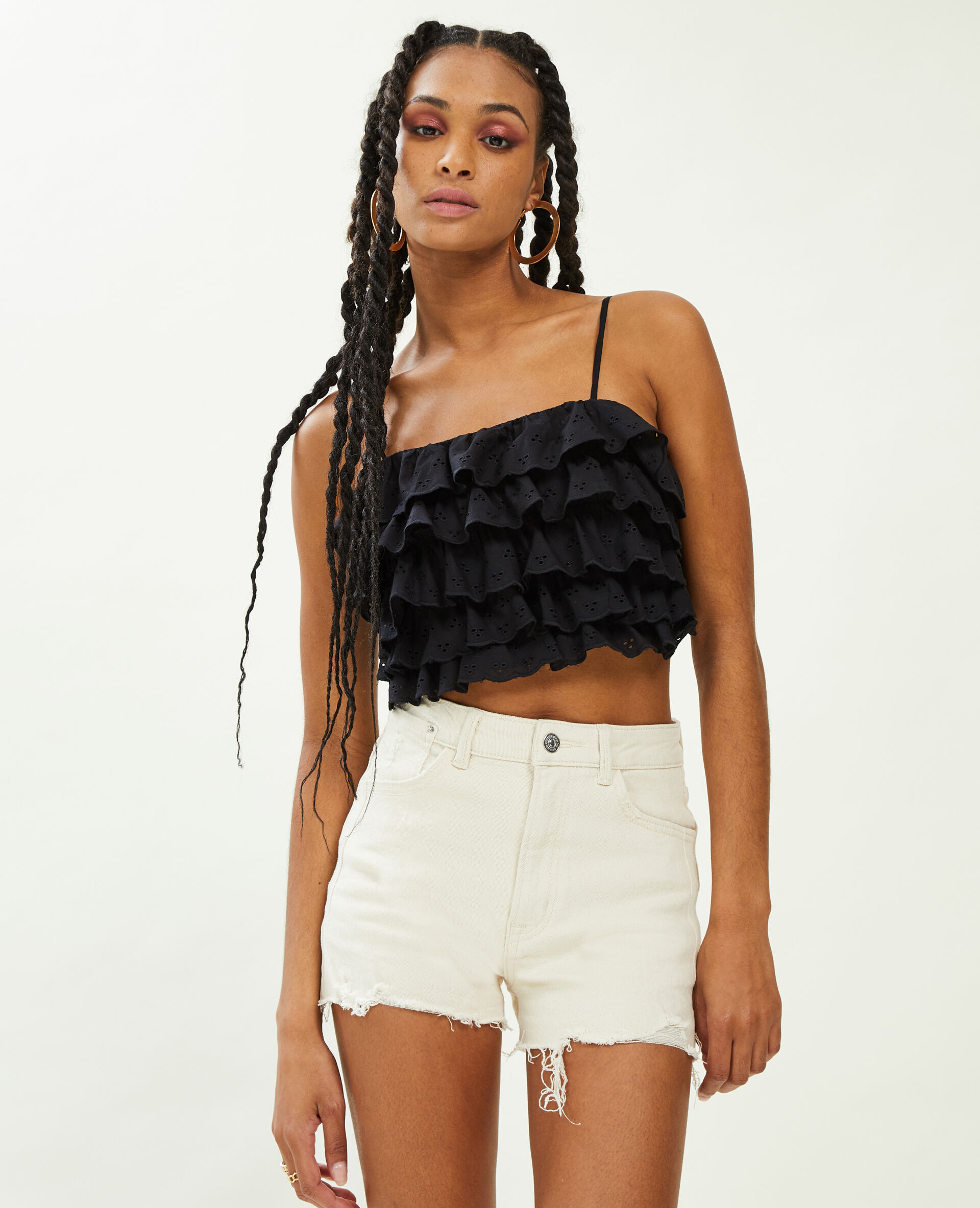 Top court à volants en broderie anglaise - Noir