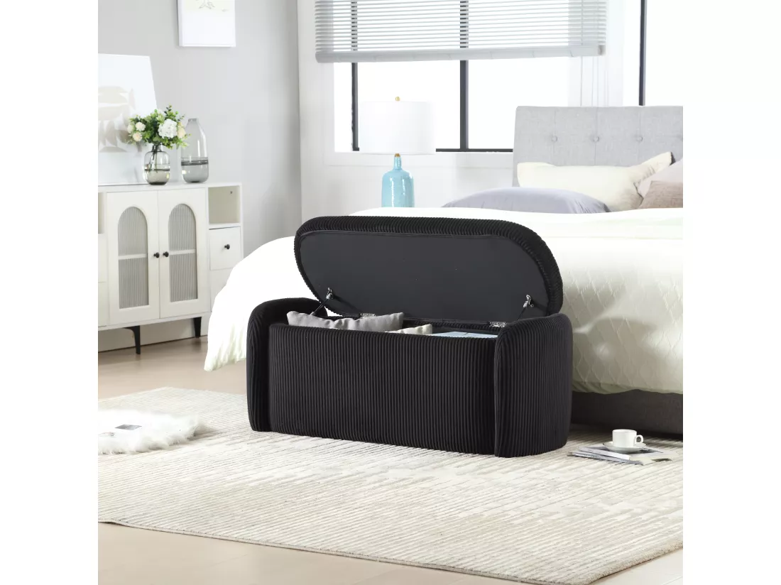 Tabouret de rangement en velours rayé, confortable et polyvalent, idéal pour le salon et la chambre,noir