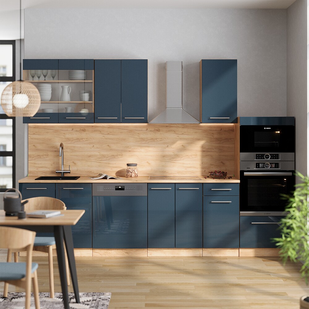 Vicco Küchenzeile Fame-Line Eiche Dunkelblau Hochglanz 300 cm mit Arbeitsplatte Anthrazit