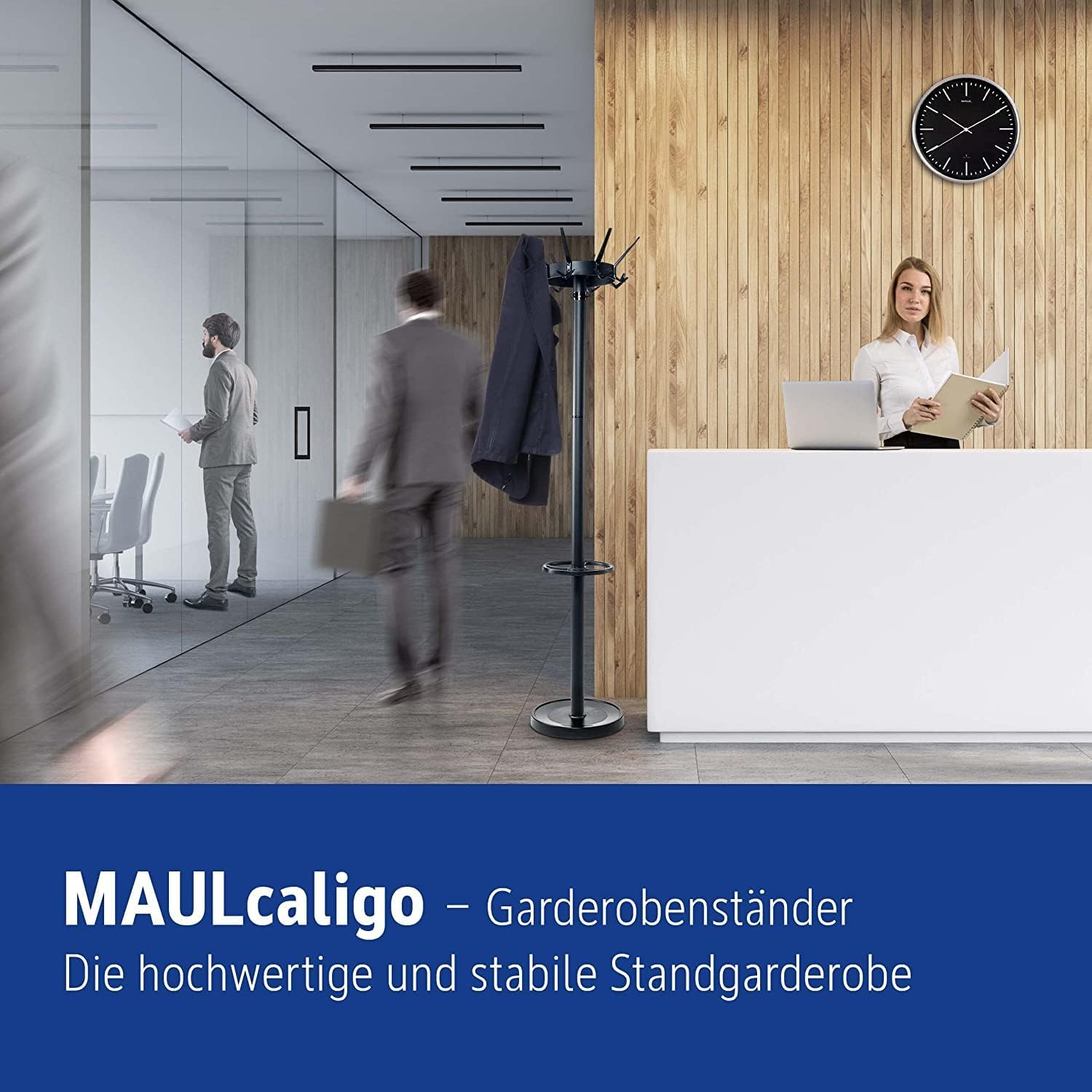 MAUL Garderobenständer MAULcaligo | hochwertige und stabile Standgarderobe für den Eingangsbereich oder Empfangsräume | edler Kleiderständer aus Stahl für permanente Belastung | Schwarz