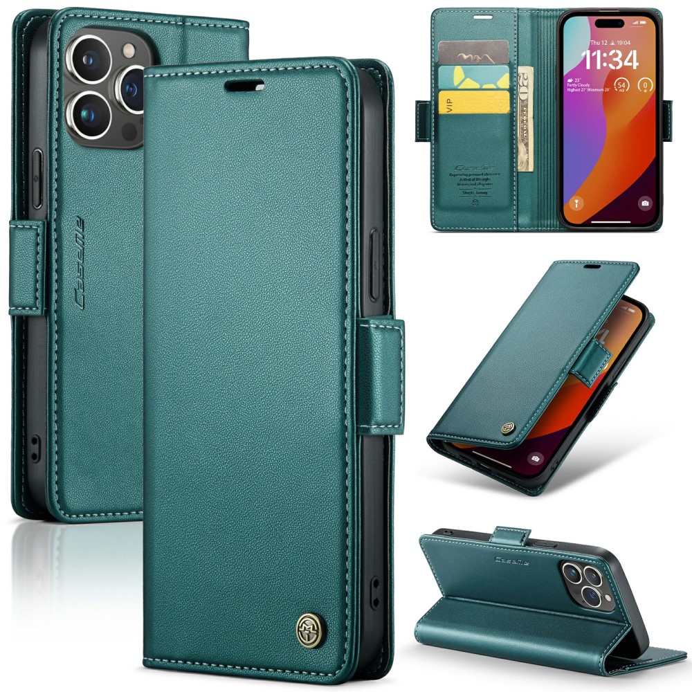 iPhone 16 Pro Leder Tasche Flip Wallet Etui mit Kartenfächern Litchi Look (RFID Schutz) - Grün