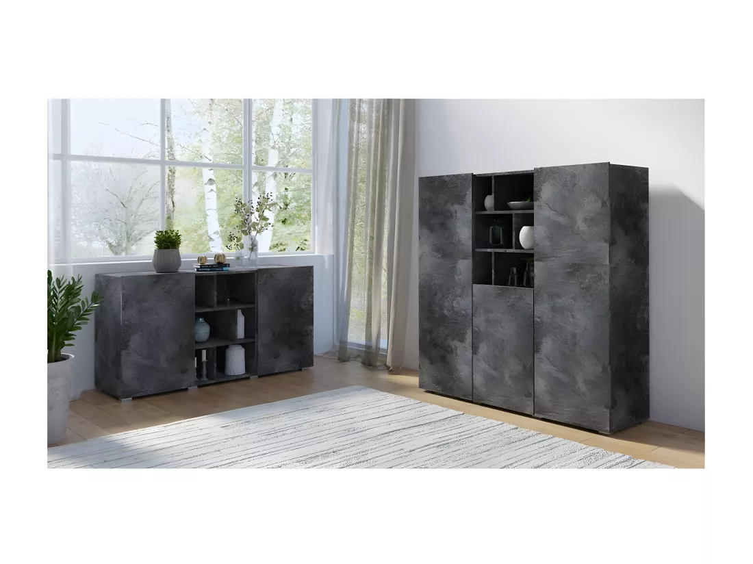 Buffet NARVA 130 cm effet ardoise - 2 portes et 6 niches - 132.4 x 68.1 x 39.5 cm