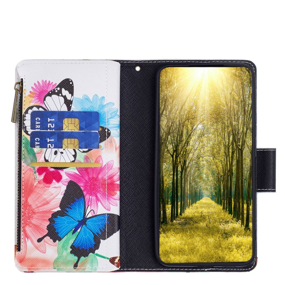 Samsung Galaxy A54 5G Leder Wallet Etui Tasche mit 9 Kartenfächern   Münzfach - Blumen & Schmetterlinge