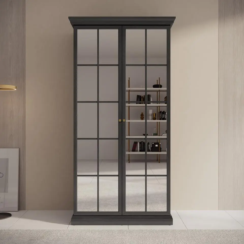 Meubella - Kledingkast Leroy - Zwart eiken - 102 cm - Met spiegel