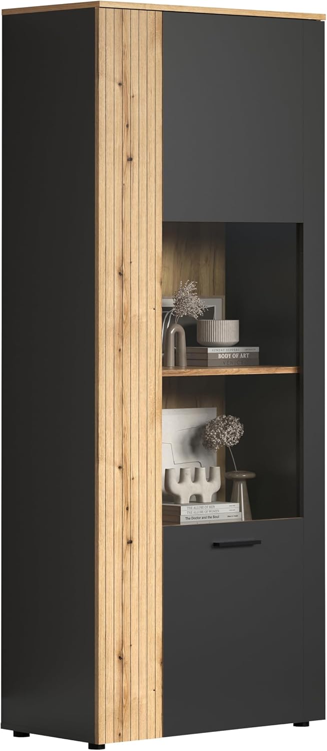 trendteam smart living - Esteban - Vitrine - Anthrazit/Eiche - Standvitrine in Rillenoptik - (BxHxT) 80 x 195 x 42 cm - eleganter Wohnzimmerschrank mit 6 Fächern