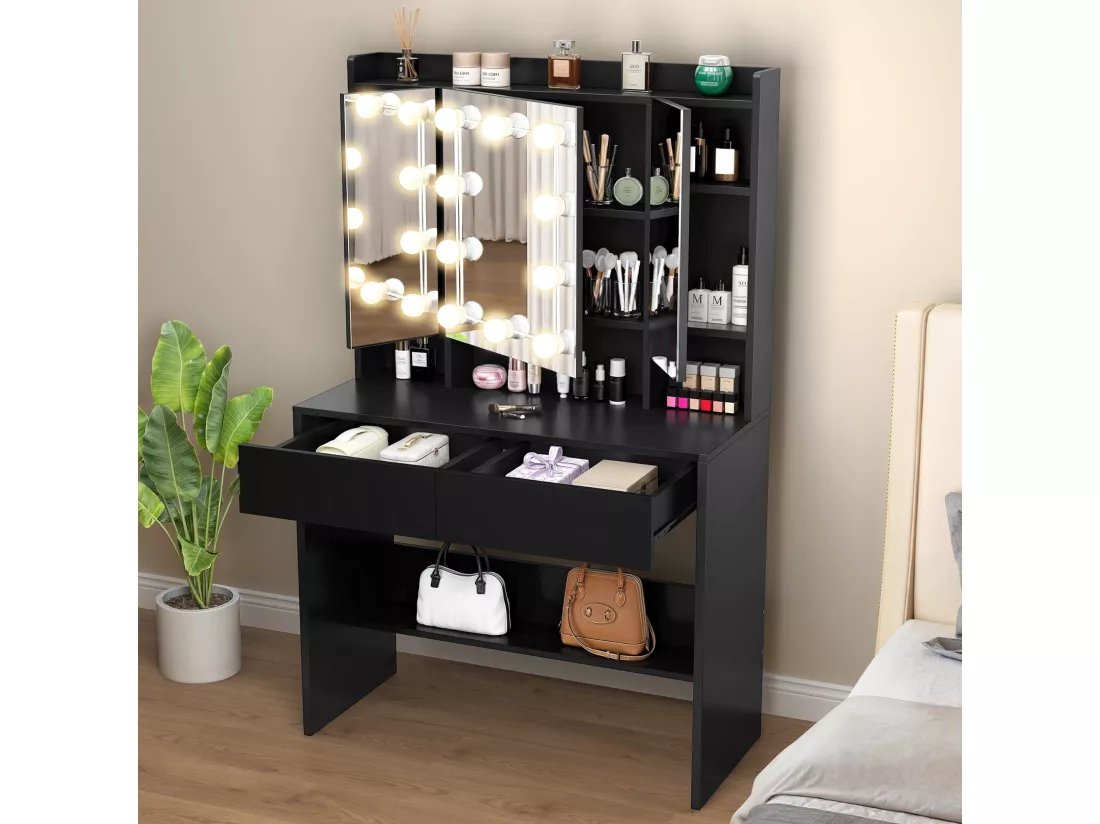 YITAHOME Coiffeuse avec Miroir - 3 Couleurs avec Luminosité Réglable - Coiffeuse avec Étagères pour Maquillage - 2 tiroirs - Noir