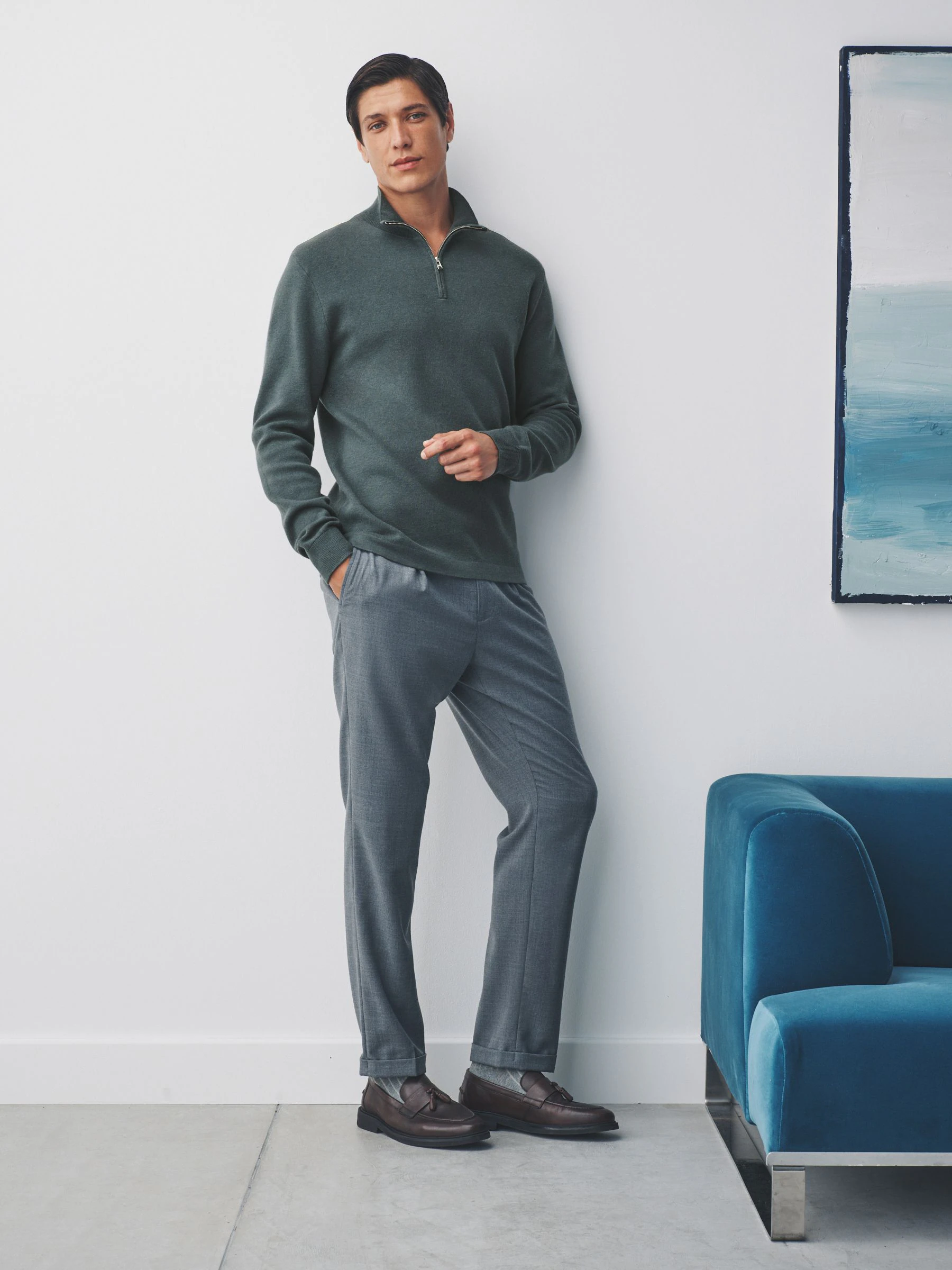 Grijs-groen - Regular Fit Premium Mid Weight Zip Neck Jumper
