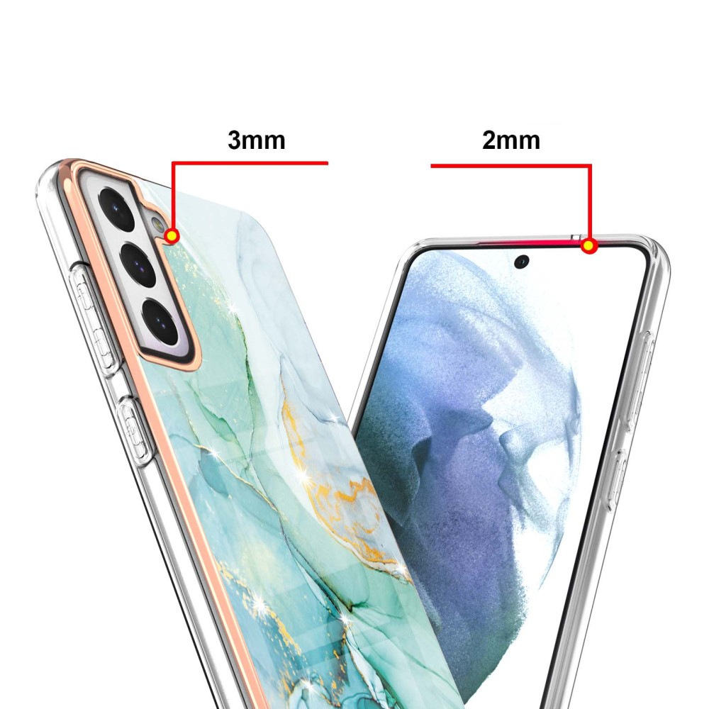 Samsung Galaxy S21 FE 5G Gummi Case Hülle Galvanisierter Rahmen Marble Marmor Design - Türkis / Roségold