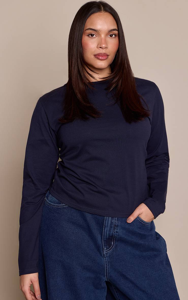 Bleu Marine T-shirt Grande Taille Ajusté En Coton Premium À Manches Longues Et Coupe Allongée