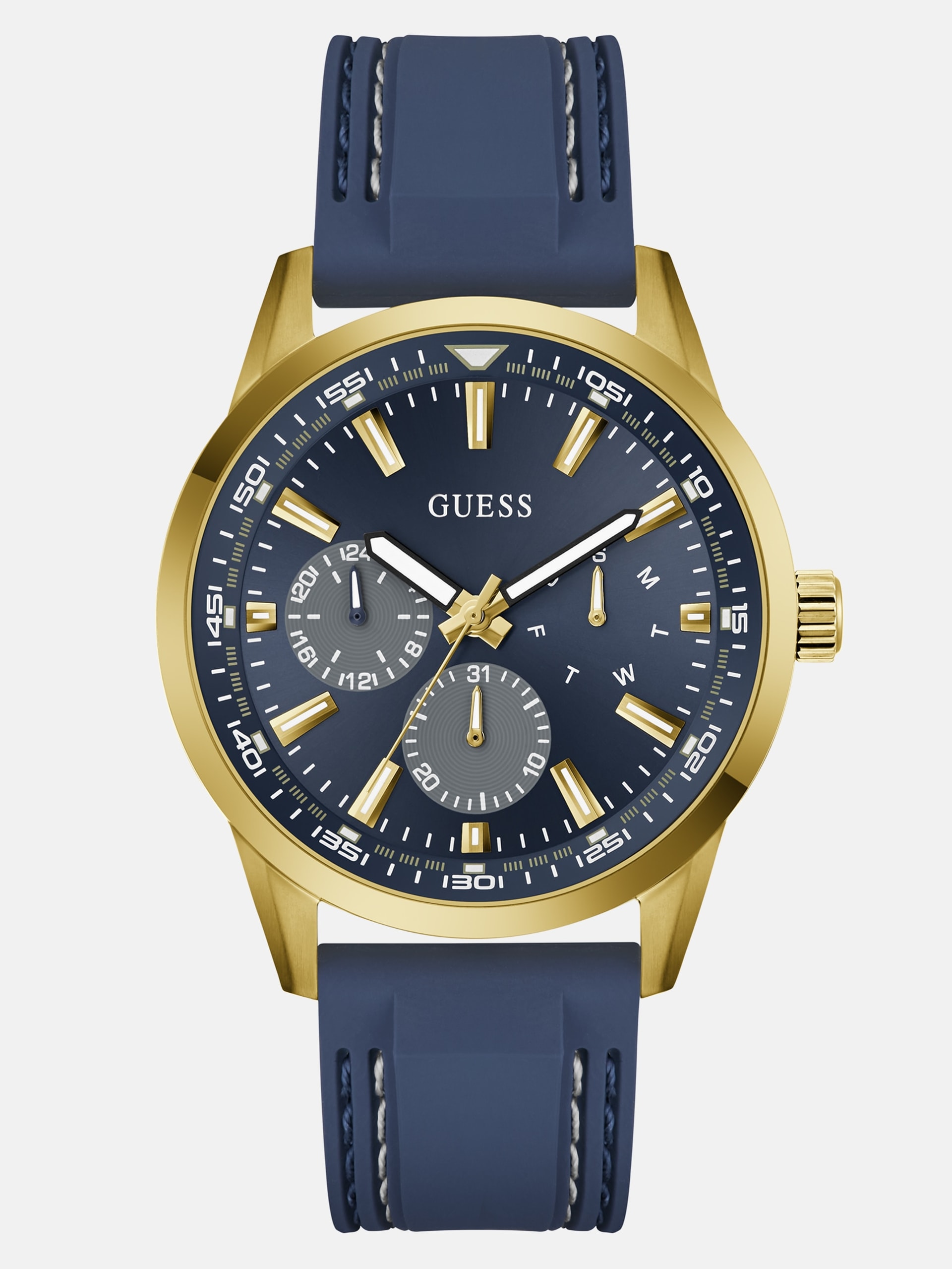 Relógio multifuncional em silicone dourado e azul