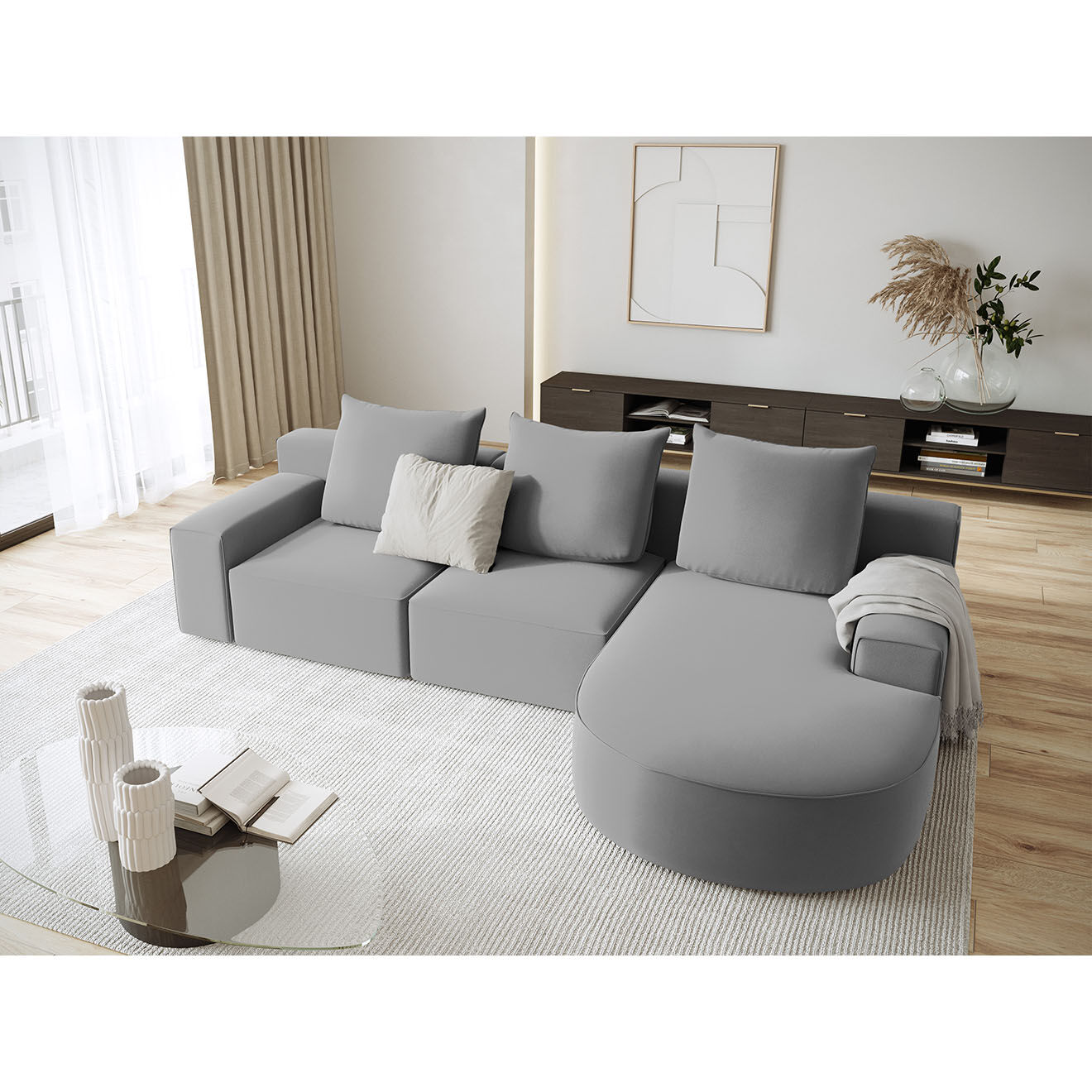 Mazzini Sofas Canapé d'angle droit arrondi en velours Ivy 5 Places gris clair - 285x180x89 cm