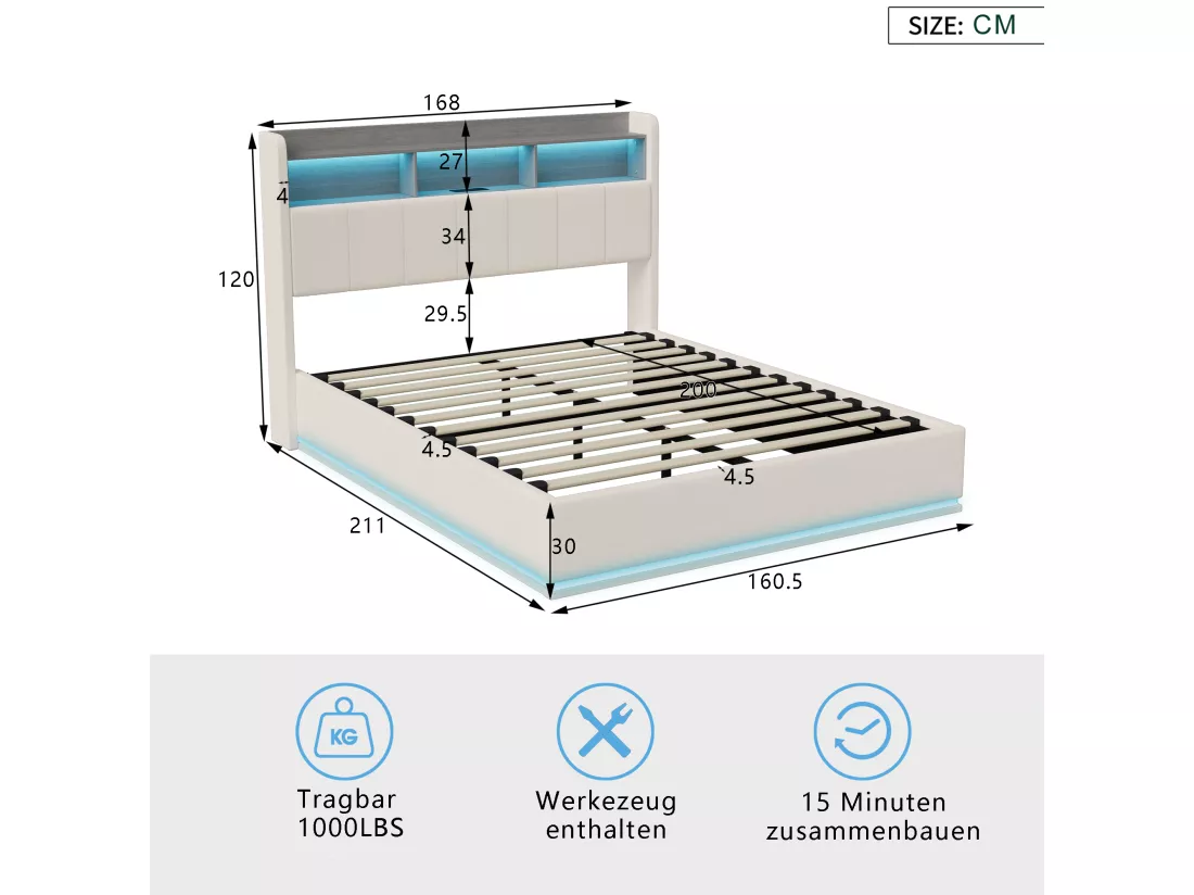 Lit coffre double 160 x 200 cm, tête de lit avec rangements et bande lumineuse LED, chargement USB, velours blanc, sommier à lattes, structure en métal, lit tapissé hydraulique - Blanc
