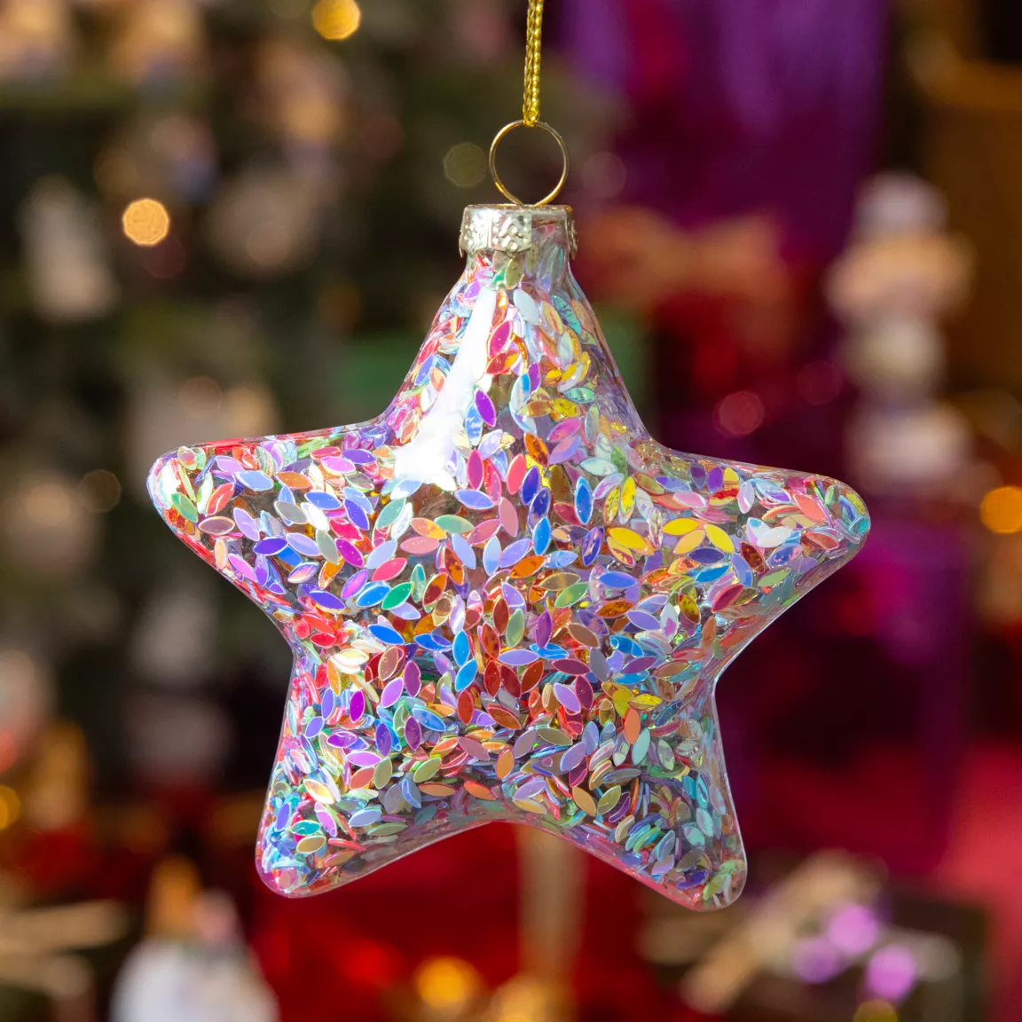 Lot de 12 étoiles de Noël en verre (D90 mm) Paillettes festives Multicolores