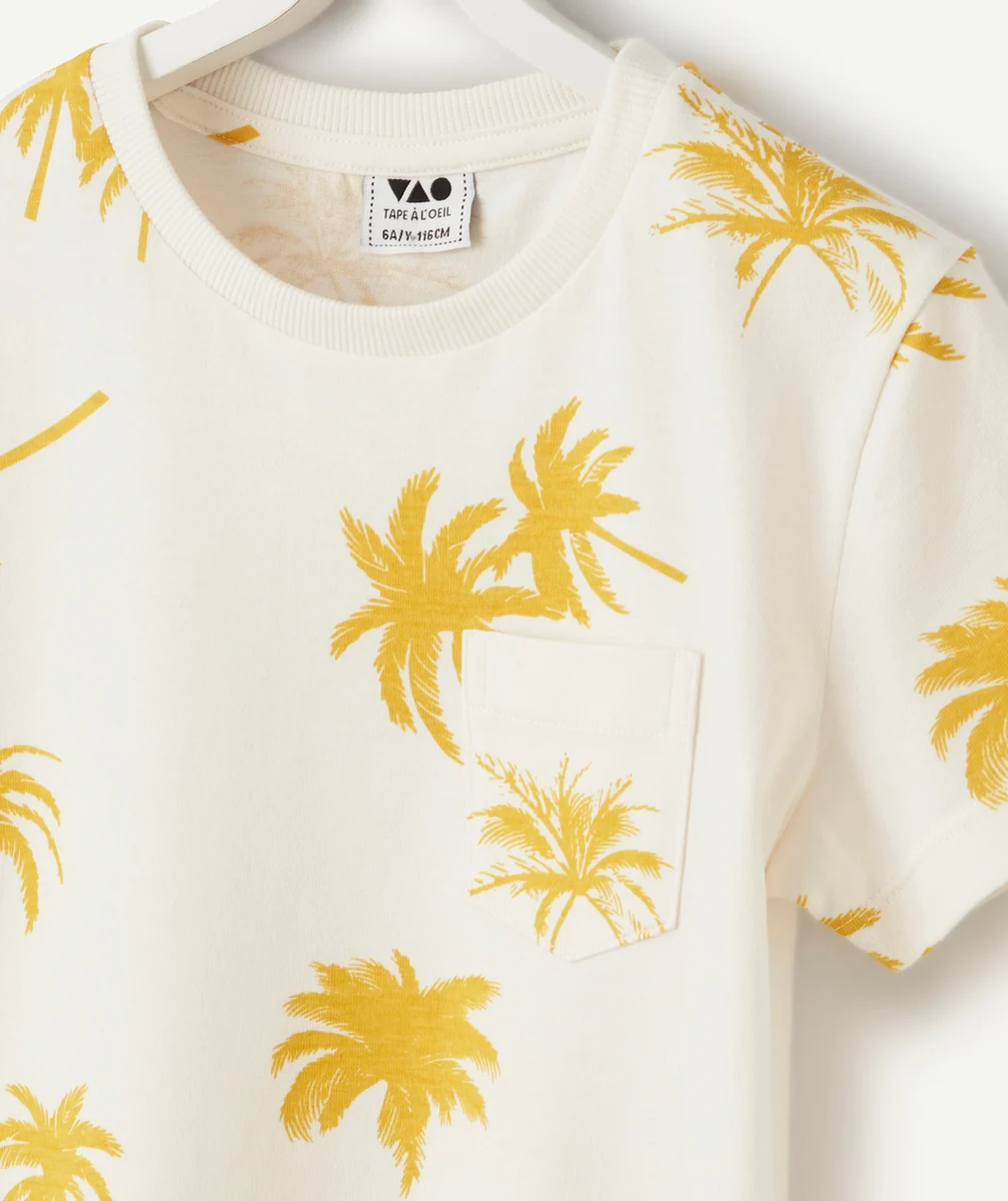 t-shirt manches courtes garçon en coton bio écru thème palmiers