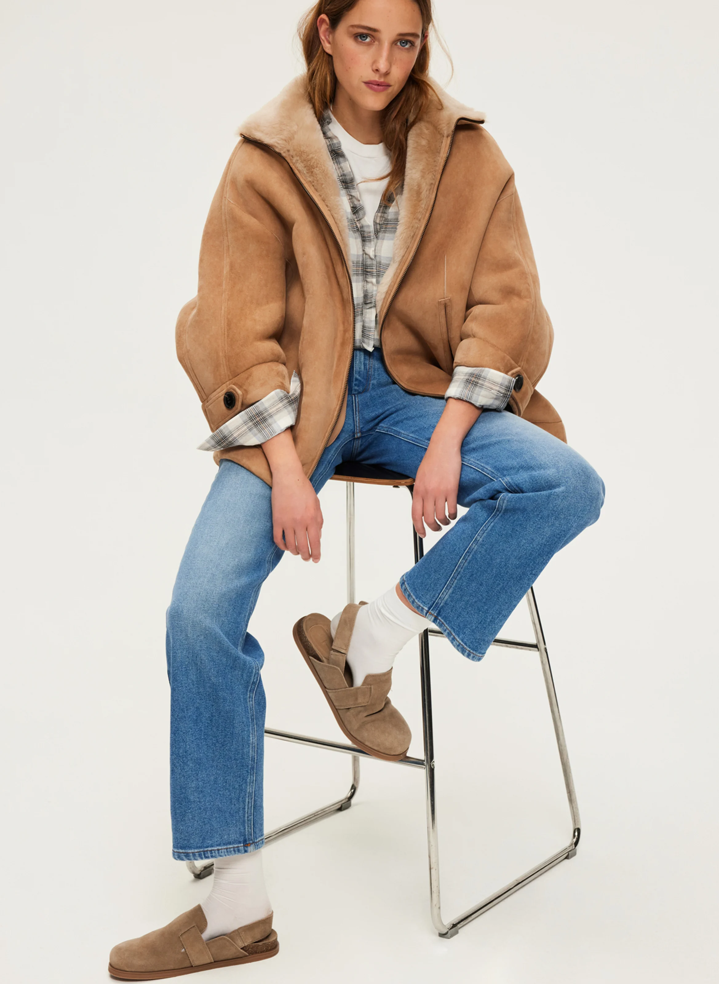 LYSA - Manteau long en cuir velours | Marron